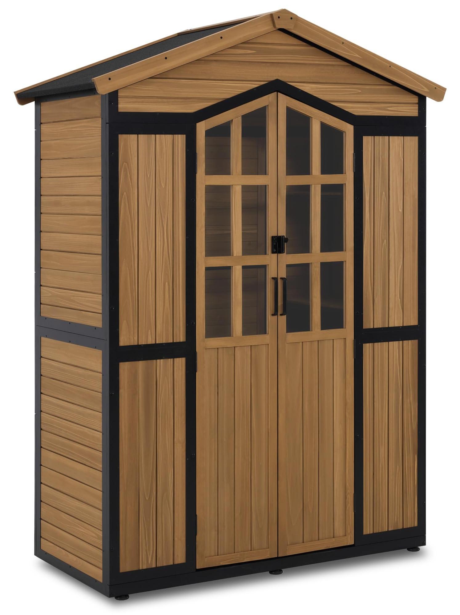 Holz-Gartenhaus, Naturfarben - 6 Ablageflächen mit Metallrahmen - 141 cm Breite - Wasserabweisendes Asphaltdach