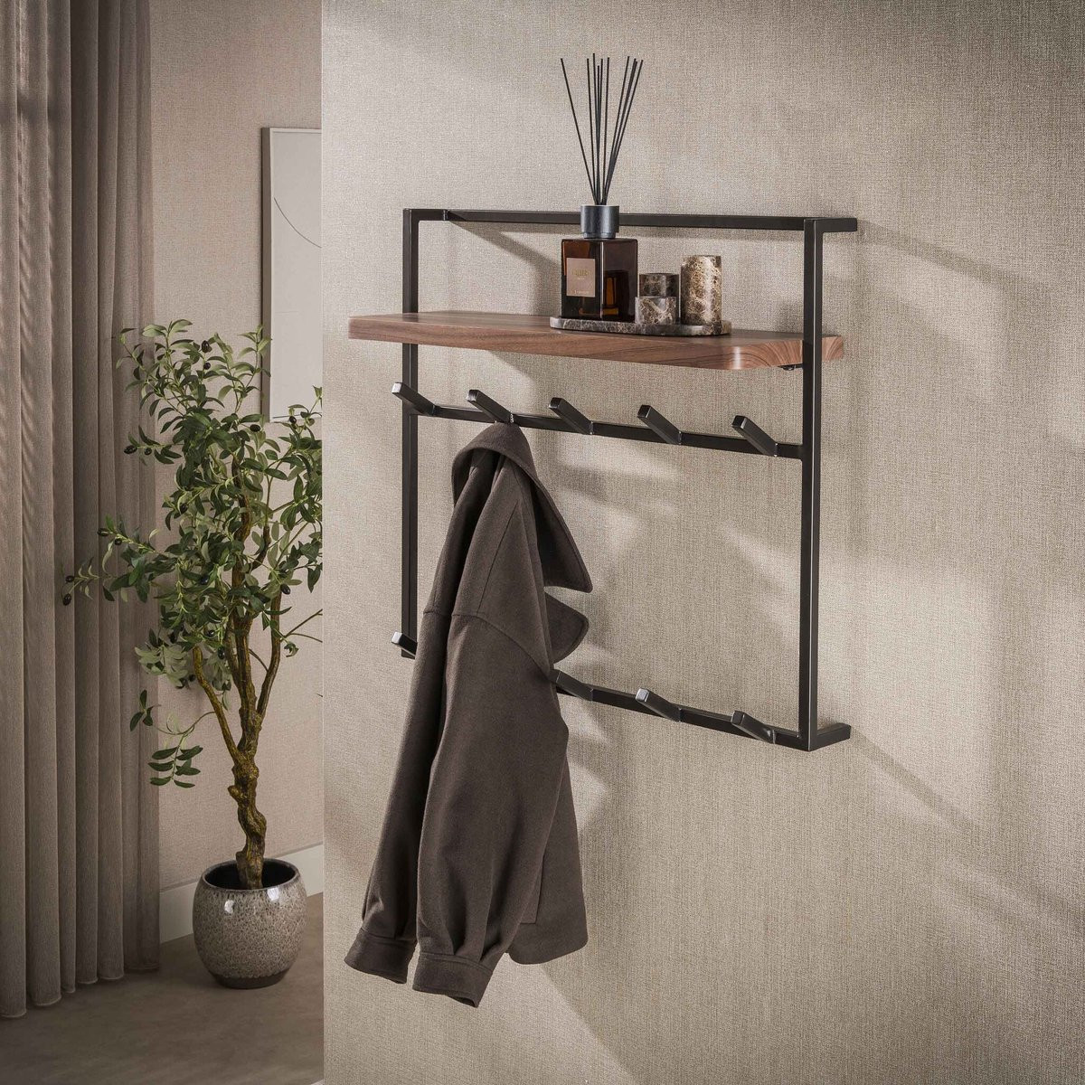 PS-Collection Air Pure Wandkapstok van Acaciahout en Metaal met 10 Haken - Bruin