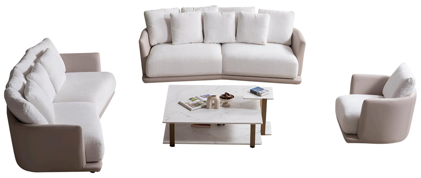 Beige Couchgarnituur met 2 Textielsofas, Relaxstoel en Salontafel