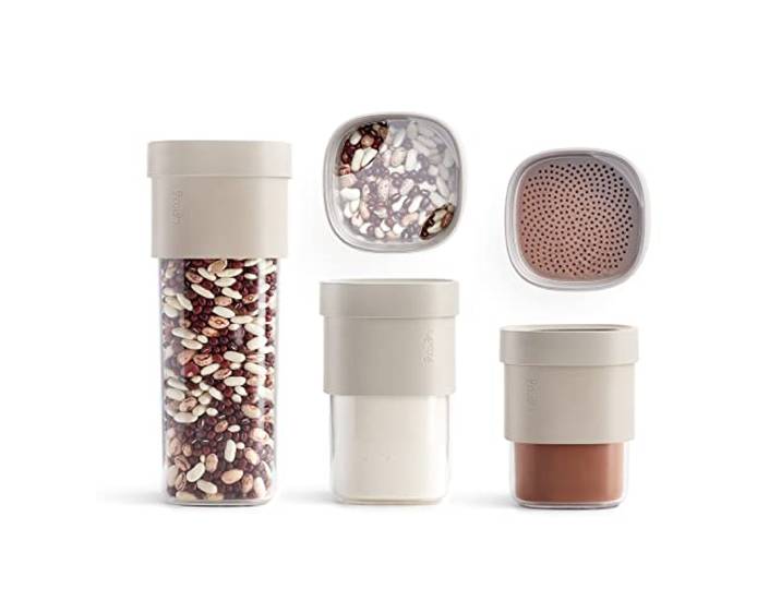 Lékué Set de bocaux pour conserver les aliments\, Flip Storage beige\, L/M