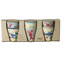 RICE Kleine Melamin Kinder Becher Ocean Print - 6er Pack, Blau, 6 x 160 ml, 7,5 cm, Ø 7 cm