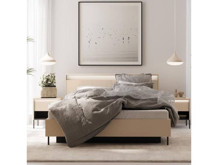 Compleo Stauraumbett mit geriffelter Front und LED Beleuchtung FLORE, TOP ANGEBOT! (Beige Bett), Lattenrost und Bettkasten kostenlos!