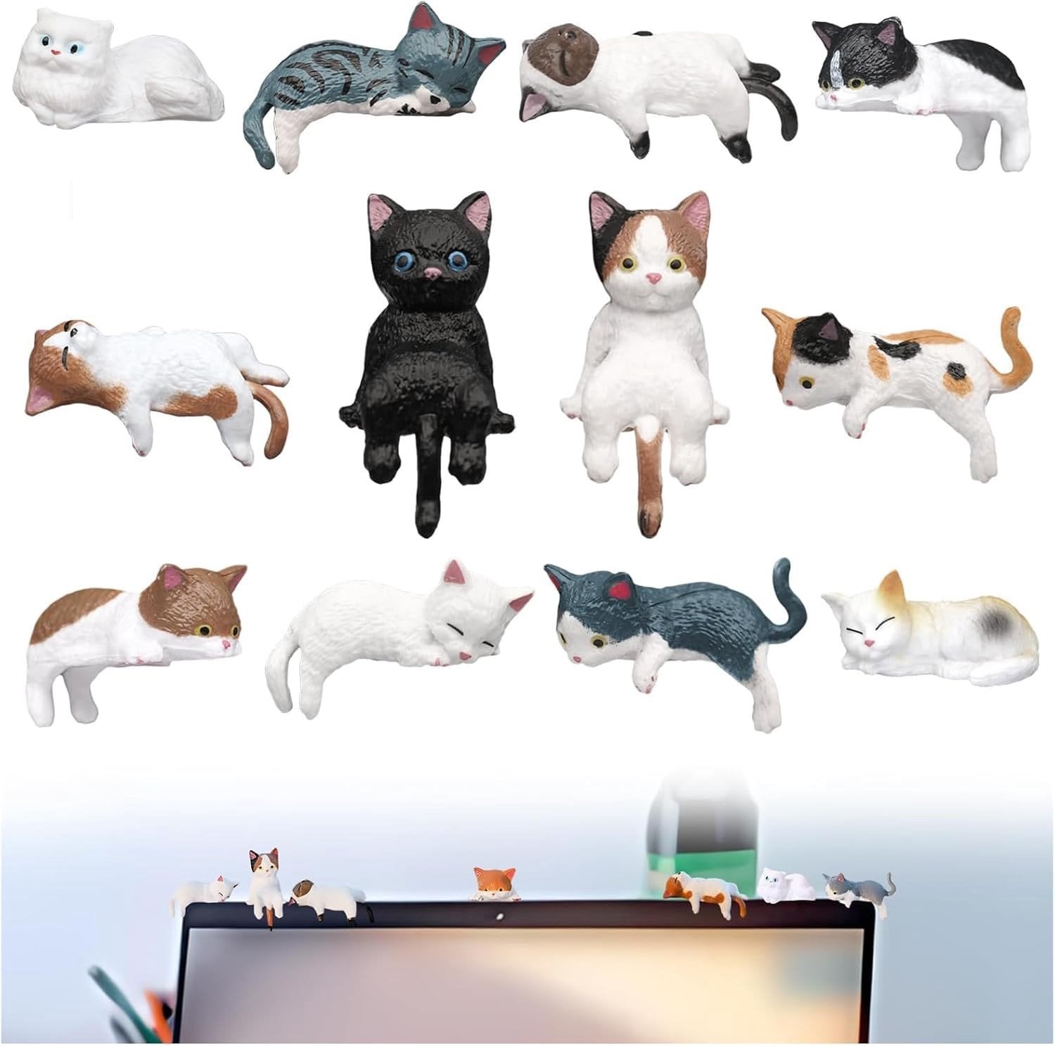 Set van 12 schattige mini kattenfiguren voor decoratie van bureau en woonruimte