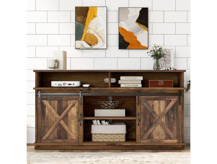 Meuble TV 65 Pouces Industriel Banc TV Bois Rustique Style Grange avec Portes Coulissantes Rangement Salon 148x40x78 cm