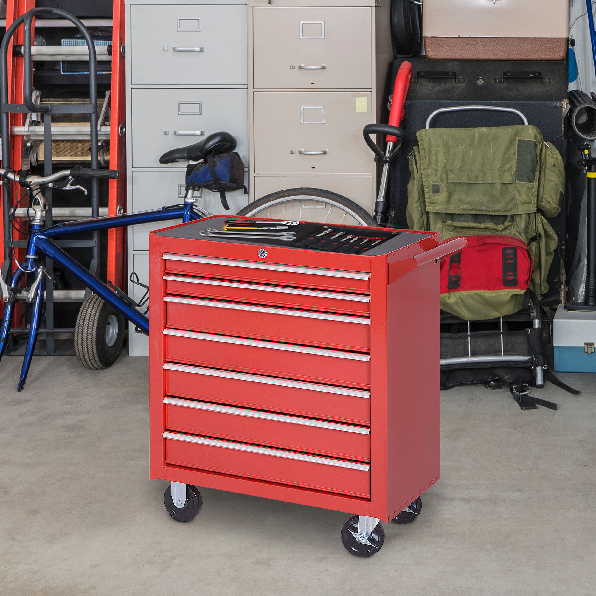 Altro Carrello Porta Attrezzi Con 7 Cassetti, Tappetini In Eva, Serratura E 2 Chiavi, Ruote Con Freno, Maniglia, Rosso