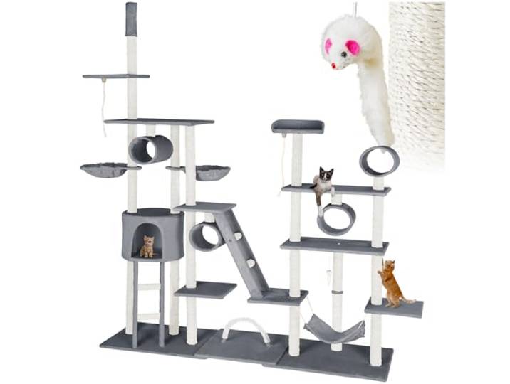 tectake® Krabpaal XXL - Kattenkrabpaal groot, plafondhoog, incl. accessoires - 218 x 70 x 261 cm - Kattenspeelgoed, kattenhangmat, krabpaal, kattenhuis, kattentunnel, ligmand, kattentrap - Grijs