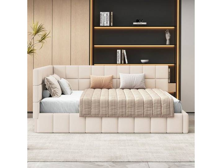 Lit Double Canapé-lit rembourré 160x200 multifonction velours doux beige avec sommier à lattes - Transformable design-sans Matelas