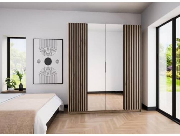 AX Living Nehir Schrank 200 cm Eiche Evoke/Schwarz, Lamellen außen, Spiegel 2 Lamellen außen; 2 Spiegel mittig – alles gut verstaut.
