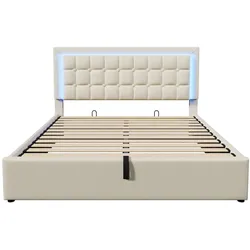 MODFU Polsterbett Kunstleder Weiß 160x200 cm mit LED, Stauraum, Lattenrost und Matratze