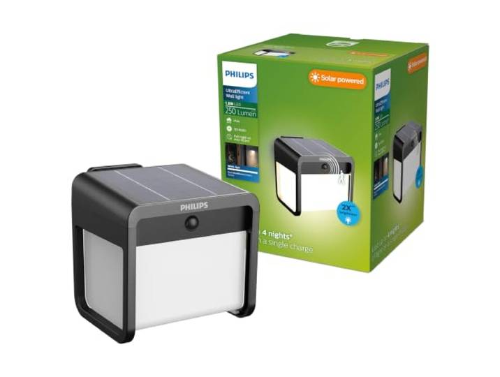 PHILIPS Ezra ultraeffiziente Solar-Wandleuchte für den Außenbereich mit Sensor, 3000K weißes Licht, 250/25lm, Schwarz