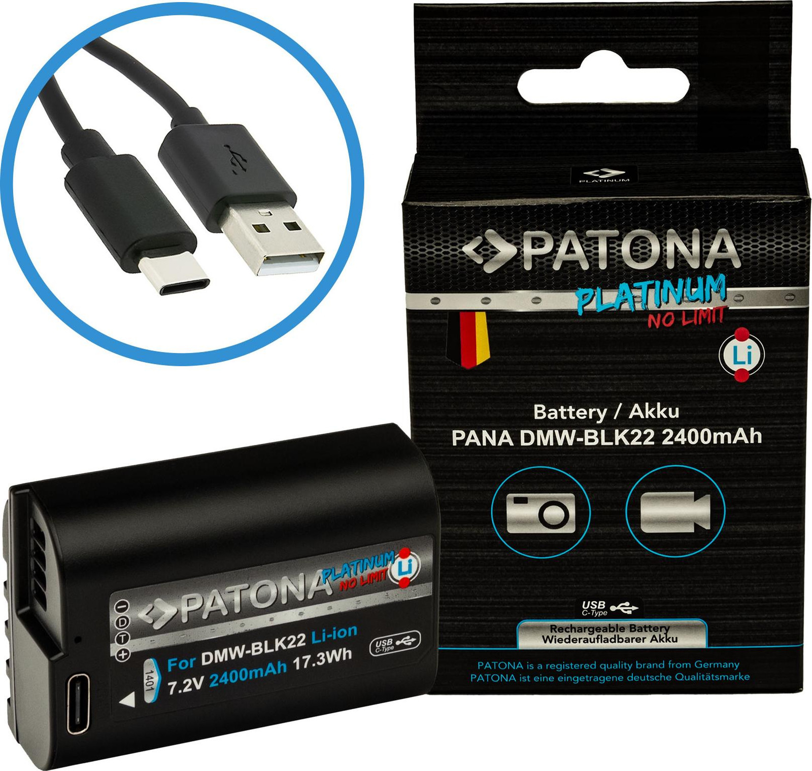 Patona Platinum accu met USB-C aansluiting, compatibel met Panasonic DMW-BLK22