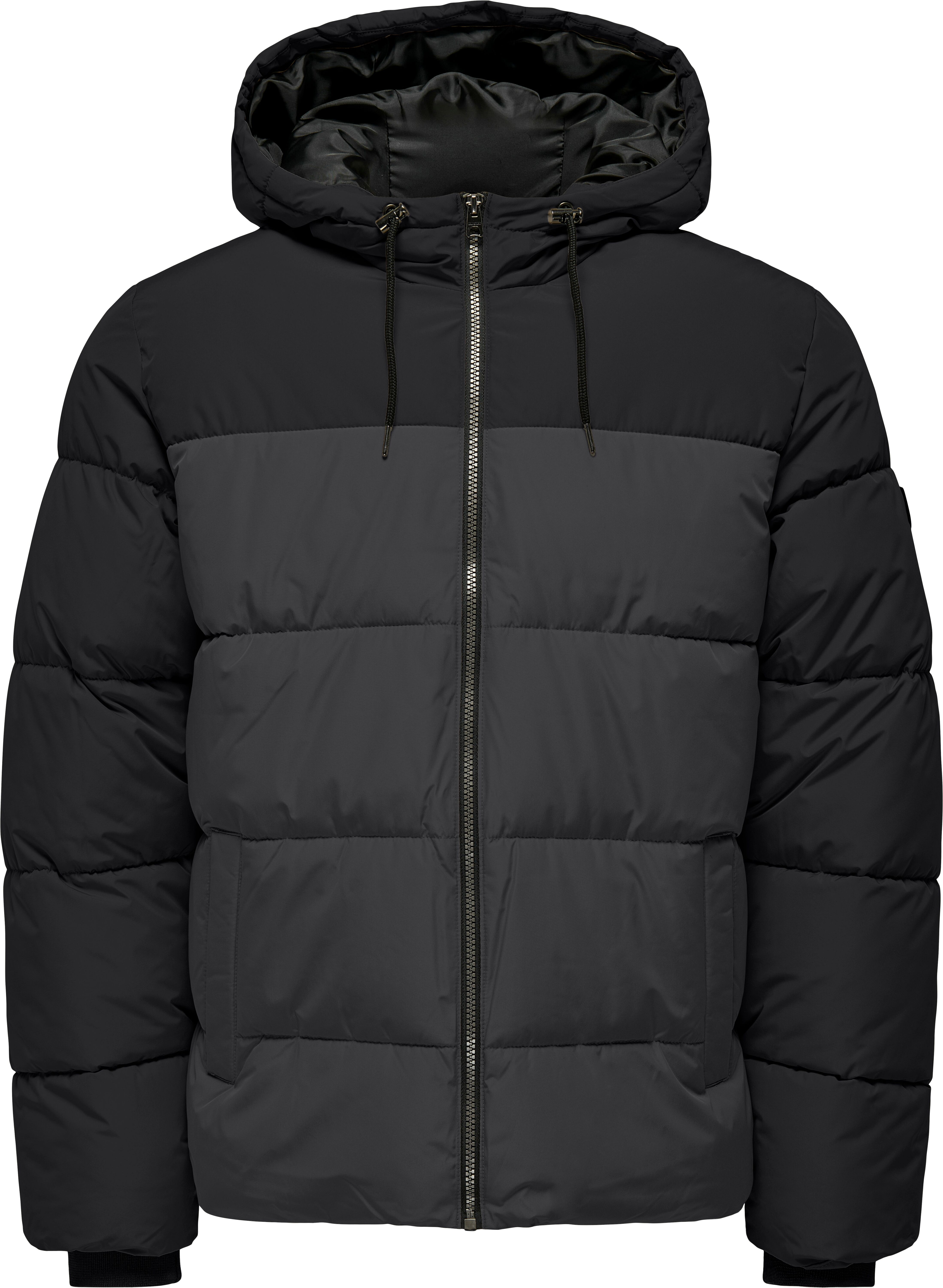 Steppjacke ONLY & SONS "ONSMARLON LIFE HOOD PUFFER JACKET OTW VD", Herren, Gr. M, grau (grau pinstripe), Web, Obermaterial: 100% Polyester, unifarben, normal, Bündchen, Jacken Steppjacke grau pinstripe M