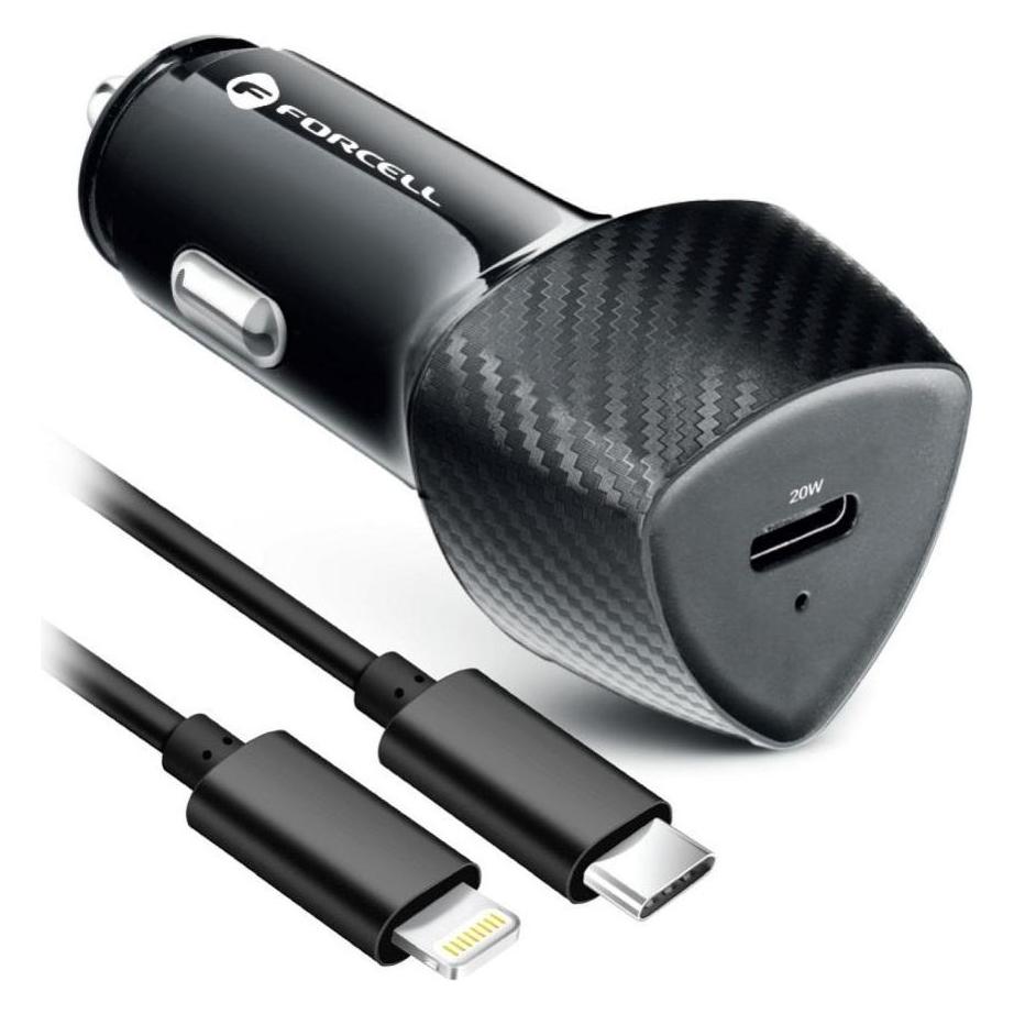 Forcell F-Energy Carbon CC50-1C Autoladegerät - USB-C PD 20 W - mit Lightning-Kabel - Schwarz (280170)