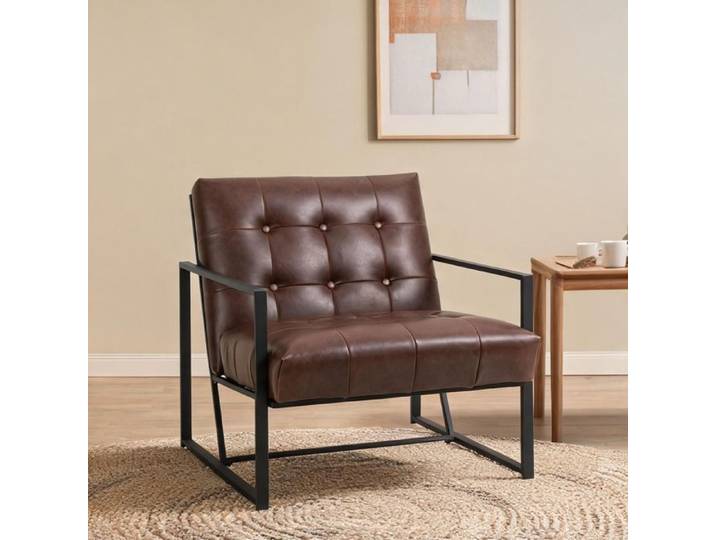 Fauteuil lounge Chesterfield en simili cuir marron structure métal noir assise et dossier capitonnés