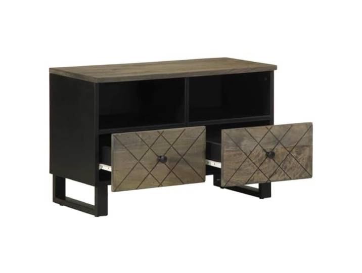 TV-Schrank Schwarz 70x33x46 cm Massivholz Mango Metallfüße, stabiler Stand, Fernsehschrank für Wohnzimmer oder Schlafzimmer, Mangoholz Maserung, Stauraum für Multimedia