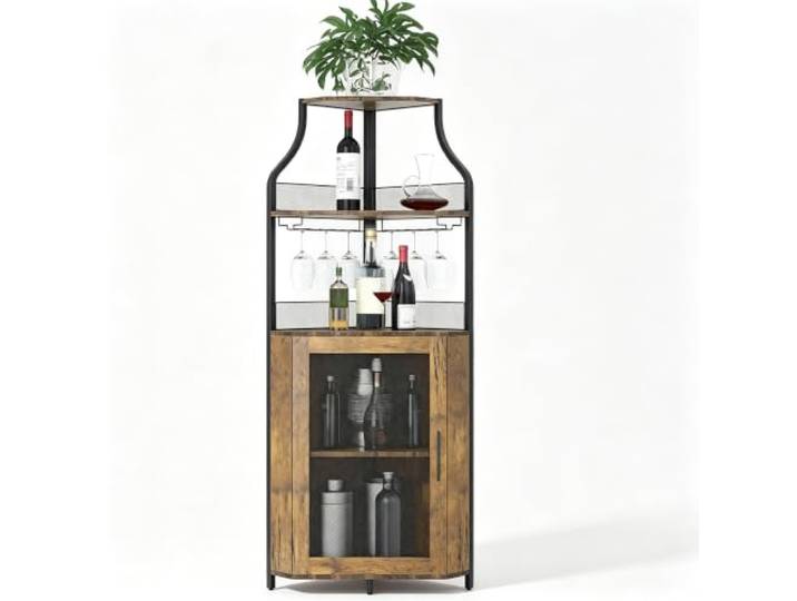 Koioplie Eck-Barschrank 5 Ebenen Weinregal Gläserhalter Mesh-Tür Braun Gläserhalter, Mesh-Tür, Verstellbare Ablagen, Ecklösung, Getränkefach