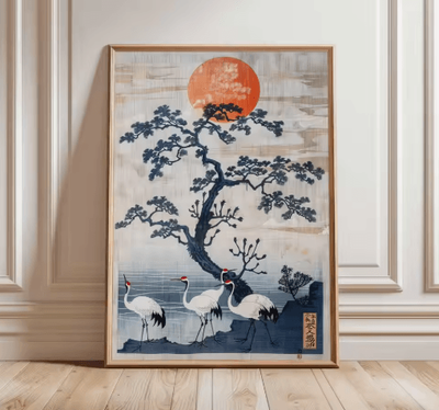 Inspire Picks Japanese Crane Ukiyo e Poster Vintage Red Sun Traditional Wall Art 12 30x40cm Unframed