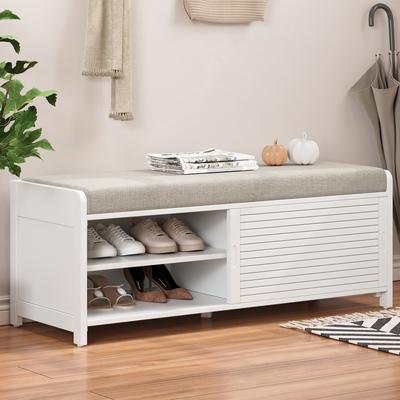 Aura Distressed Shutter Storage Bench with Acacia Veneer for Retro Charm for Living Room, Entryway