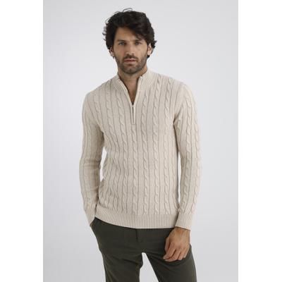 Stehkragenpullover FELIX HARDY "Pullover mit kurzem Reißverschluss", Herren, Gr. L, beige, 100% Baumwolle, hoch geschlossener Ausschnitt, Pullover Stehkragenpullover