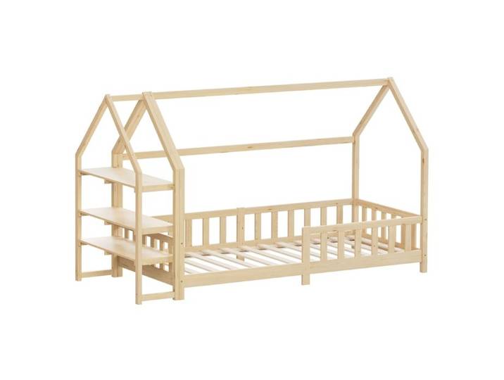 Lit cabane enfant ML-Design 90x200cm bois beige étagère antichute et sommier inclus sans matelas
