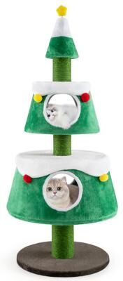 Costway Christmas Cat Tree for Indoor Cats Cute Holiday Cat Tower with 2 Condos-Green