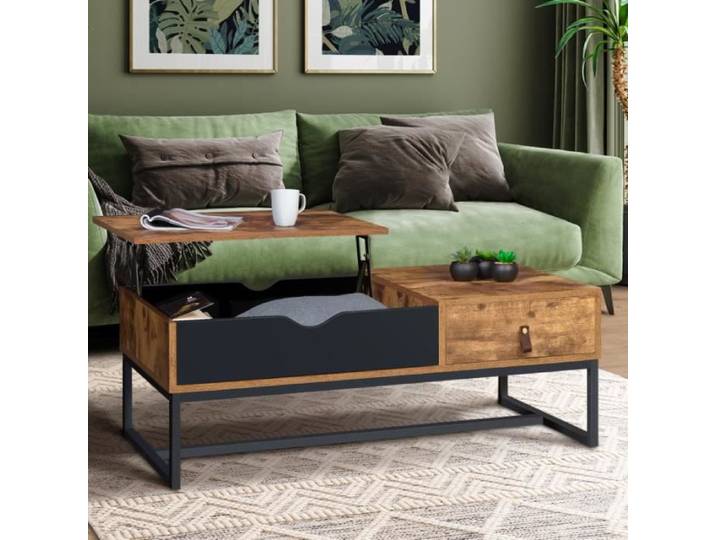 IDMARKET Table basse plateau relevable rectangulaire CHICAGO 1 tiroir design industriel