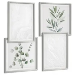 BILDER SET 4er Set - 50x50 cm & 40x60 cm Silberner Rahmen - Marmorstruktur, pastellfarbene Zweige