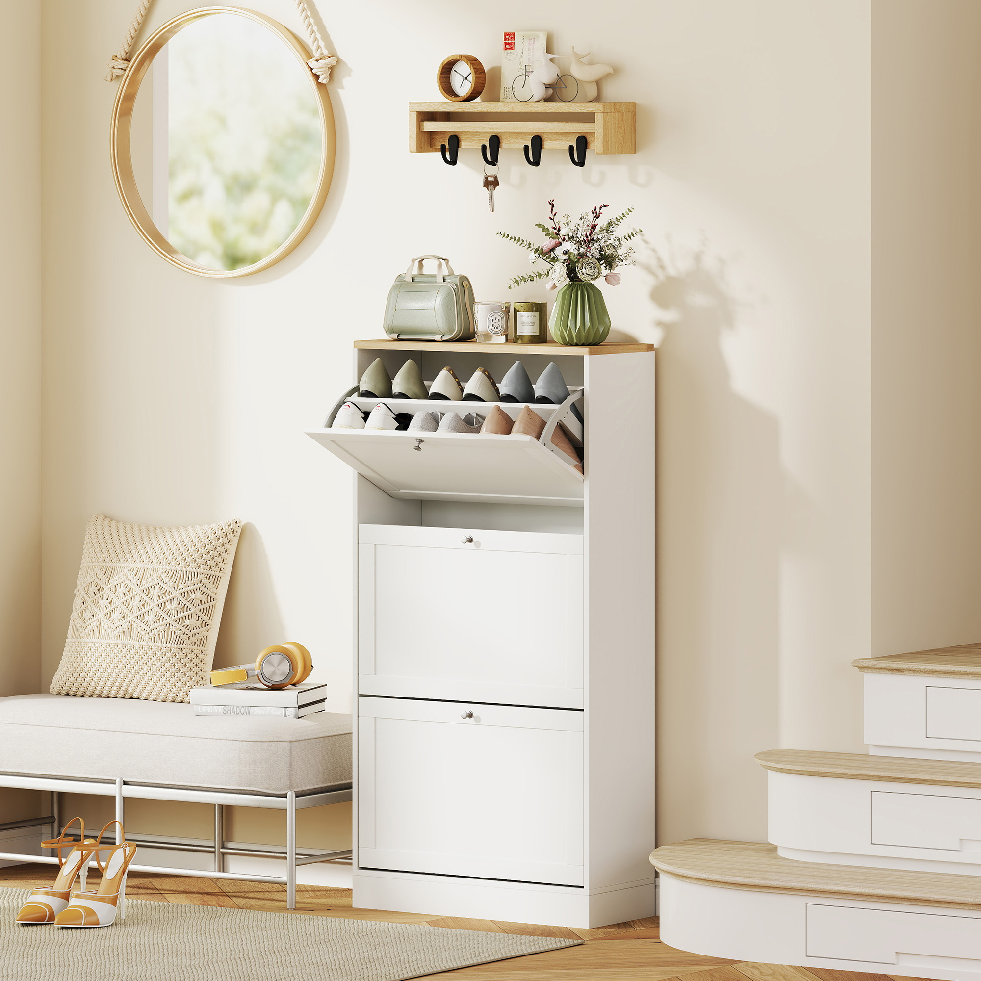 Homcom Scarpiera Salvaspazio a 3 Cassetti con Ripiani Regolabili su 2 Livelli, in Legno, 60x23.5x115 cm, Bianco   Aosom Italy