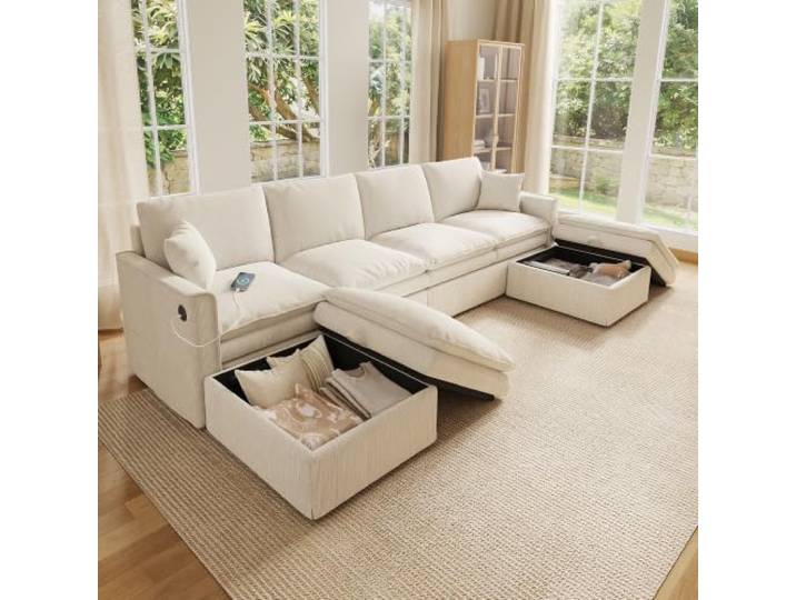 Merax U-Form Ecksofa 6-Sitzer, Modulares Sofa mit 2 Hockern,Beige Wendbare Hocker mit Stauraum, U-/L-Form flexibel stellbar,Taschenfederkern, weiche Polsterung und Baumwoll-Leinen-Bezug.