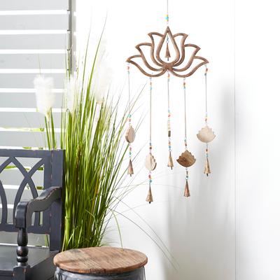 ARCILLA ELEMENTAL Gold Mango Wood Lotus Floral Windchime with Glass Beads and Cone Bells