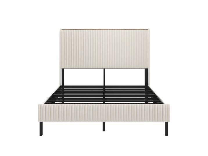 Lit plateforme Logidon 180x200 tête de lit design à ailes en velours côtelé beige
