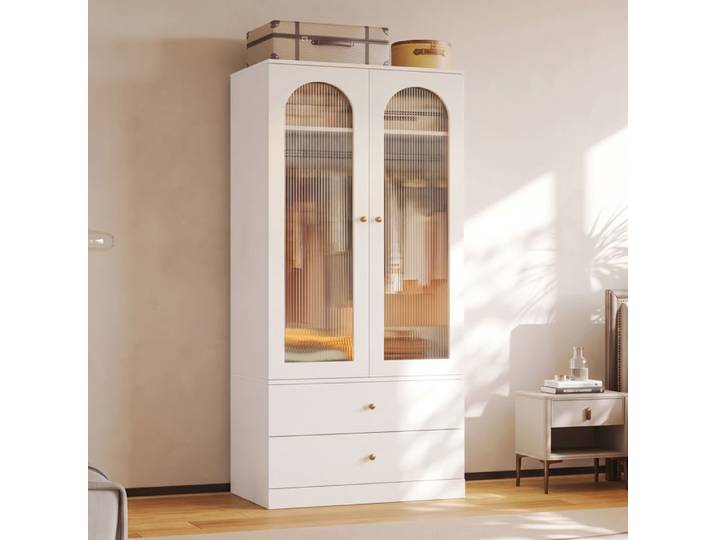 Armoire penderie 90x50x200 cm 2 portes vitrées 1 tringle 2 tiroirs armoire haute pour chambre et chambre d'enfants Blanc