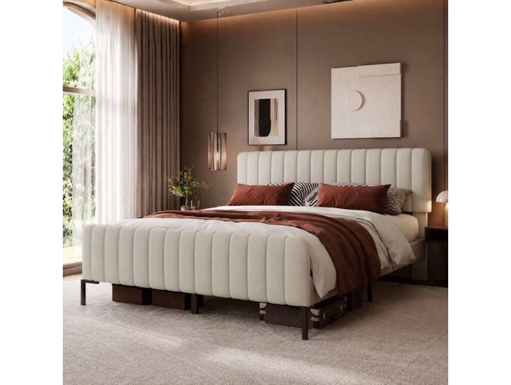 WOVREO lit double rembourré 140x200 cm avec sommier à lattes tête de lit réglable lin gris-beige