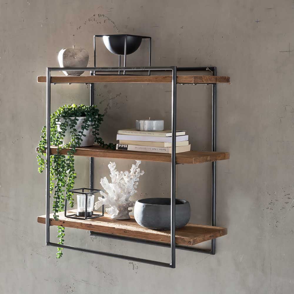 Pharao24.de Wandhängeregal 60 cm hoch aus Teak Altholz und Metall