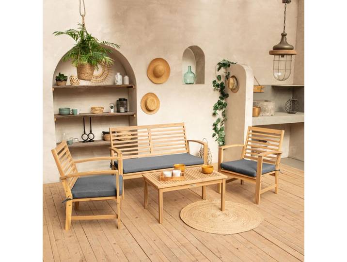 Salon de jardin en acacia massif 4 places GOA - coussins gris