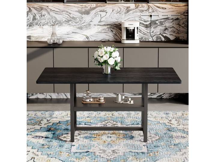 Table À Manger Rectangulaire Noire Table De Repas Industrielle FloraGrace Pour Cuisine Et Séjour Avec Étagère 160x90x76cm