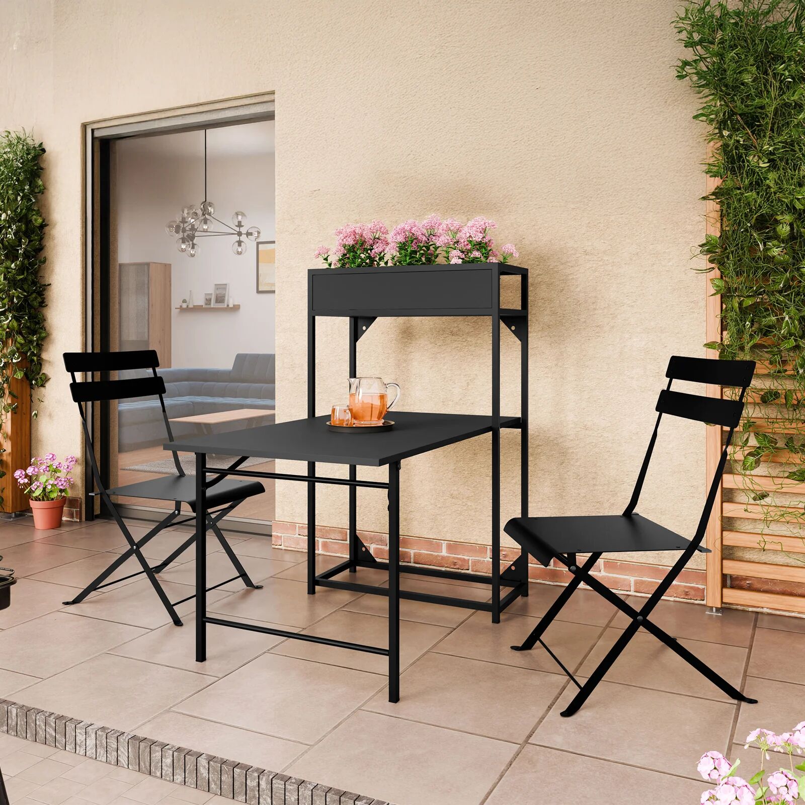 garneroarredamenti Set tavolo da giardino 2 sedie con fioriera nero Marin