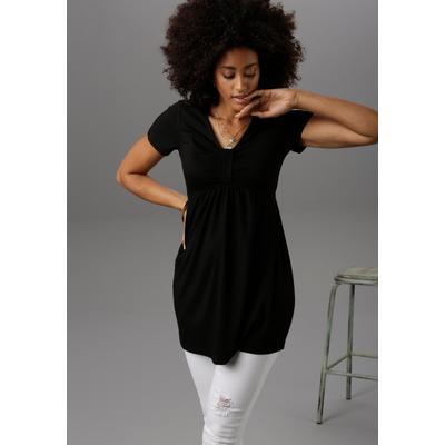 Tunika ANISTON SELECTED, Damen, Gr. 40, schwarz, Jersey, Obermaterial: 95% Viskose, 5% Elasthan, unifarben, figurumspielend Po-bedeckend, V-Ausschnitt, Tuniken, mit Raffung im Brustbereich