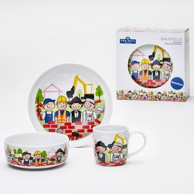 Kindergeschirr-Set VAN WELL "Kinderset Baustelle, 3-teilig, Geschirr-Set, Service", bunt (weiß, bunt), 3 Stk., Porzellan, Geschirr-Sets, mit farbenfrohem Dekor, spülmaschinen- und mikrowellengeeignet