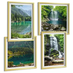 BILDER SET 4er Set - 50x50 cm & 40x60 cm Goldrahmen - Wasserfälle in grüner Umgebung