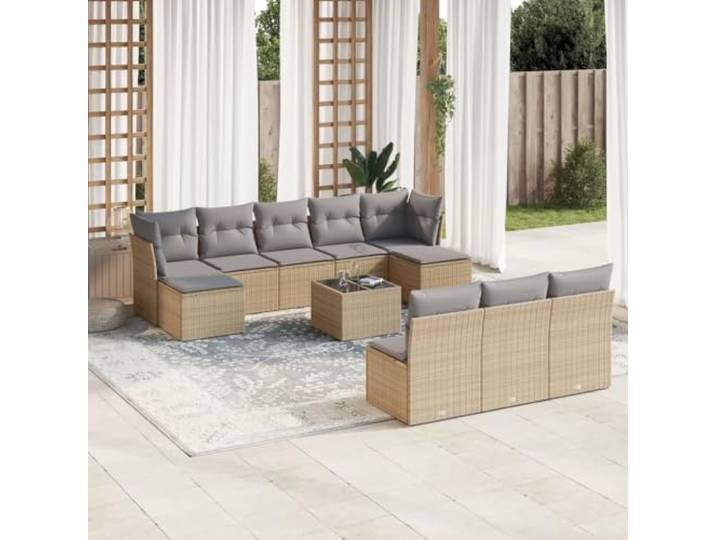 Résine tressée imperméable Ensemble canapé design Beige 11 pièces Salon de jardin 11 pieces avec coussins beige resine tressee ensemble modulaire exterieur terrasse patio verre trempe
