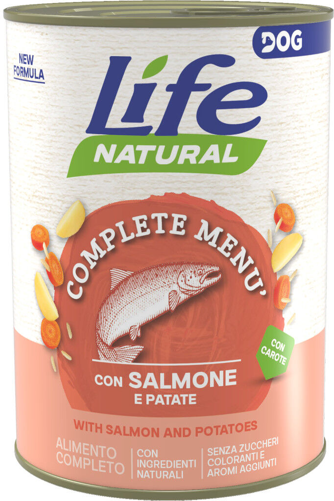 1 x 400 g Life Natural Dog Complete Menù Lattina Alimento Completo Cibo Umido Naturale per Cani Adulti con Salmone Patate e Carote