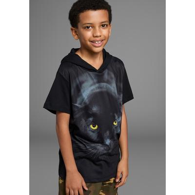 T-Shirt KIDSWORLD "Kapuzen-T-Shirt mit Fotoprint: PANTHER", Jungen, Gr. 128/134, schwarz, Jersey, Obermaterial: 100% Baumwolle. Obermaterial Vorderteil: 100% Polyester, bedruckt, Basic, Shirts T-Shirt, Kurzarm, modische Passform, mit stylischem Druck