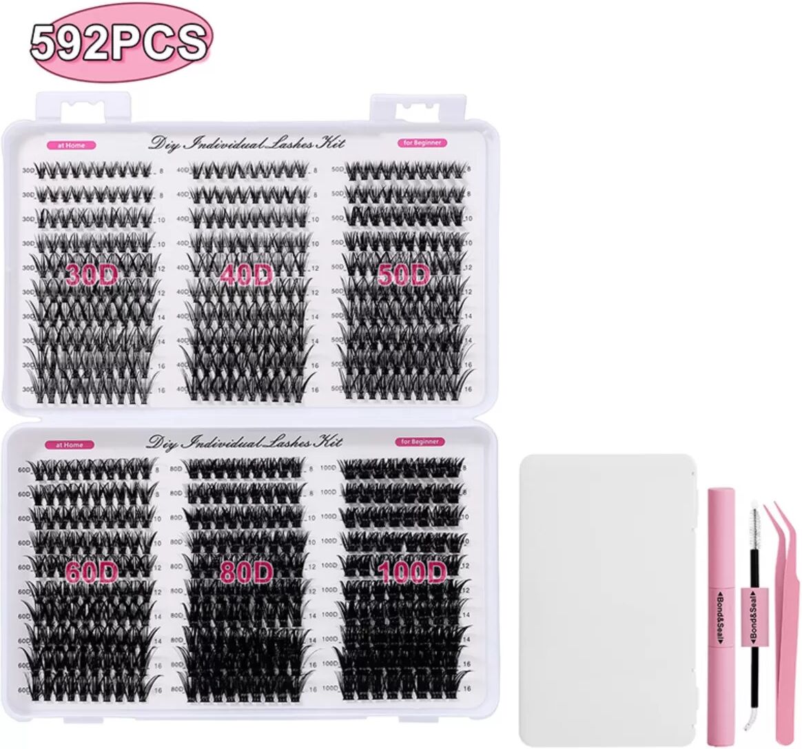 INF Kit d'Extension de Cils DIY 592PCS : Faux Cils Individuels, Clusters de Volume, Colle & Pincettes