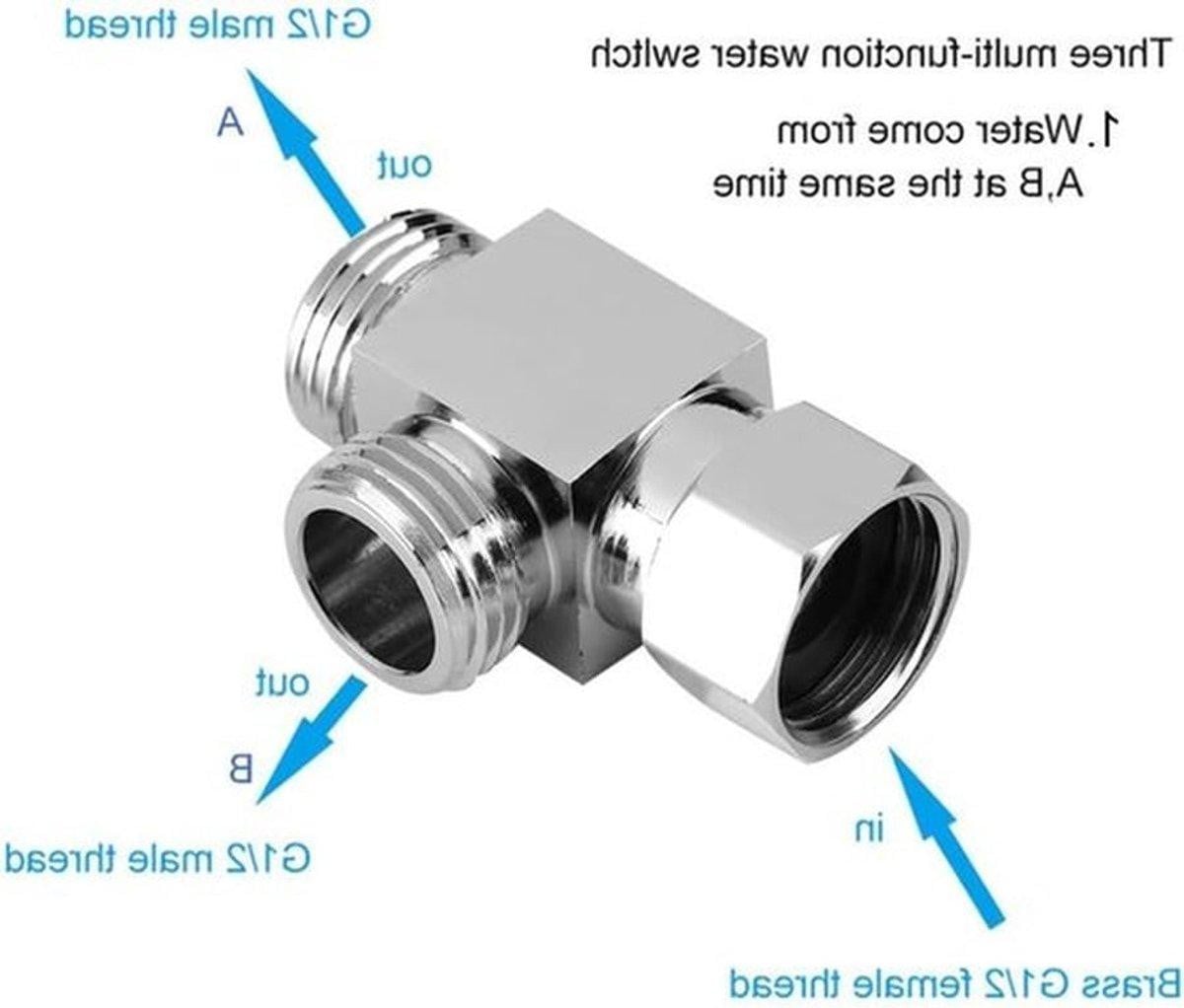 T-stuk met 3 aansluitingen voor bidetspuit, omkeerbaar waterafsluitventiel, zilverkleurig, 1/2 inch, messing