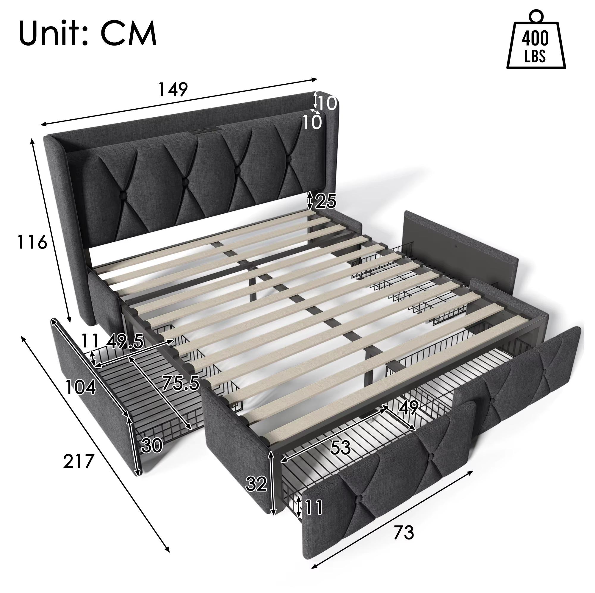 Doppelbett - Bettgestell 140 x 200 cm - USB-Anschlüsse - Kopfteil - 4 Aufbewahrungsschubladen - Holzlattenrost - Dunkelgrau