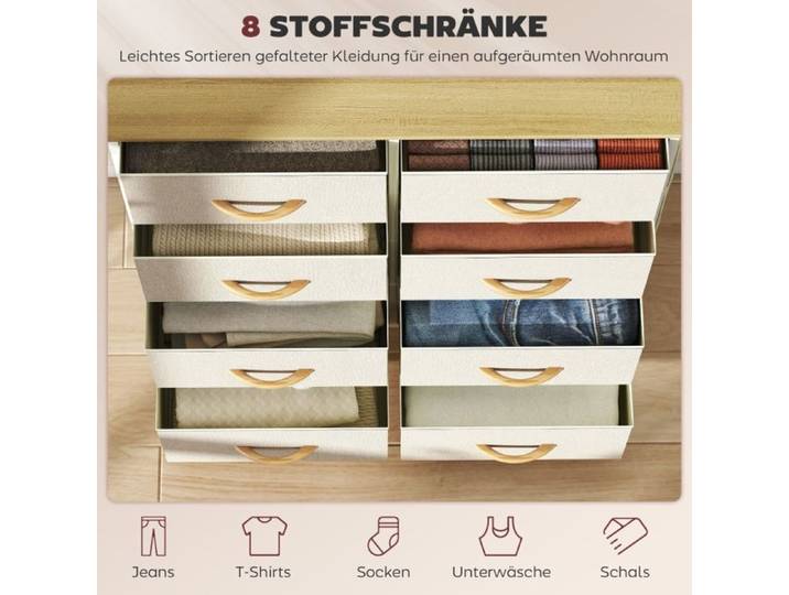 BEL Commode chambre 8 tiroirs tissu montants acier plateau bois 4 poches 2 crochets beige