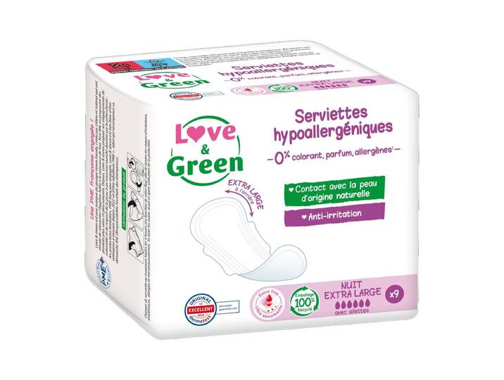 LOVE&GREEN Serviettes Hygiéniques Hypoallergénique avec Ailettes Nuit Extra Large X 9