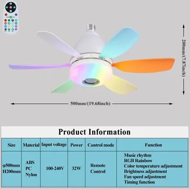 Combo Retail Shop Noiseless Socket Fan Light With Remote, Small Ceiling Fans, Dimmable LED Light, Bluetooth Speaker 32w Multicolour Rgb