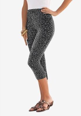 Plus Size Women's Plus Size Essential Stretch Capri Legging by Roaman's in Black White Abstract (Size 30/32) Activewear Workout Yoga Pants